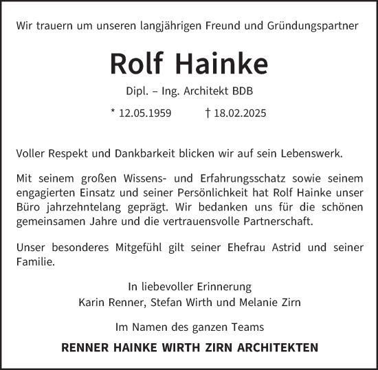 Traueranzeige von Rolf Hainke von Hamburger Abendblatt