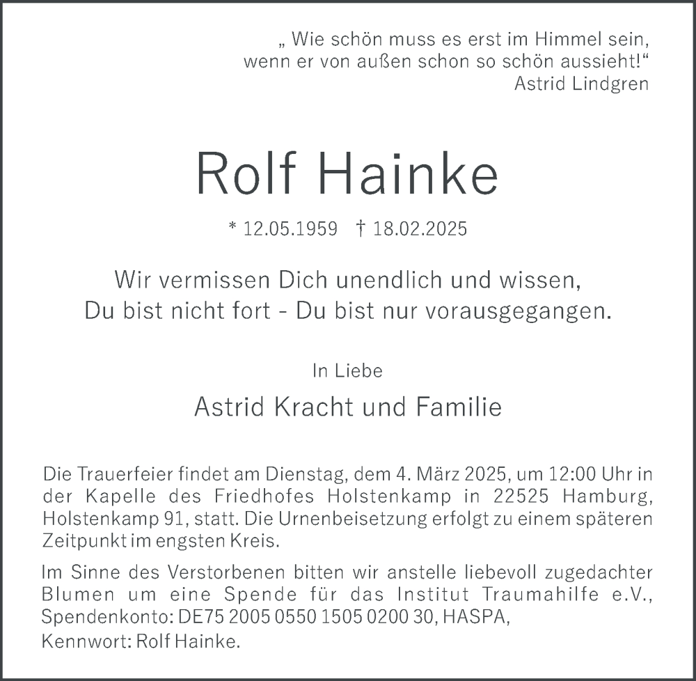  Traueranzeige für Rolf Hainke vom 01.03.2025 aus Hamburger Abendblatt