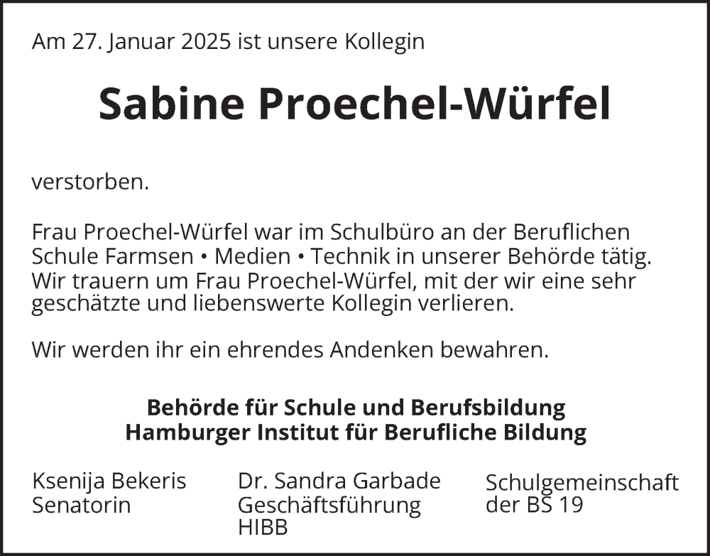  Traueranzeige für Sabine Proechel-Würfel vom 08.02.2025 aus Hamburger Abendblatt