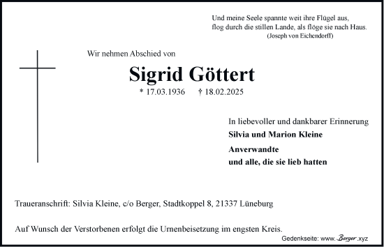 Traueranzeige von Sigrid Göttert von Hamburger Abendblatt