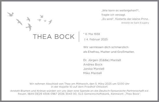 Traueranzeige von Thea Bock von Hamburger Abendblatt