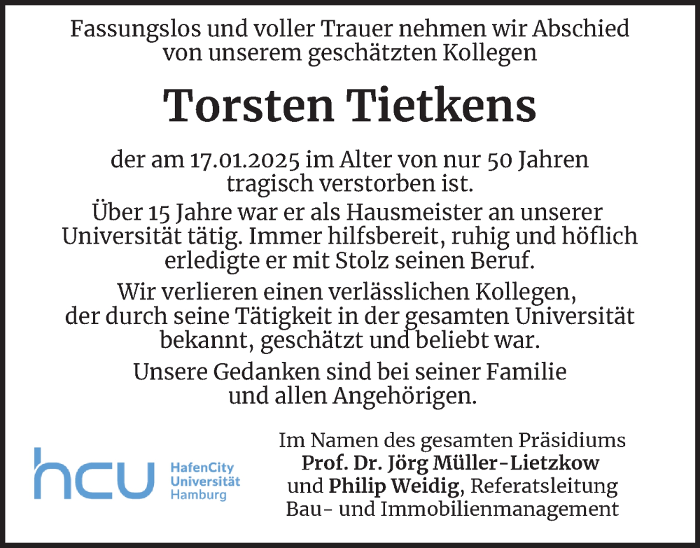  Traueranzeige für Torsten Tietkens vom 22.02.2025 aus Hamburger Abendblatt