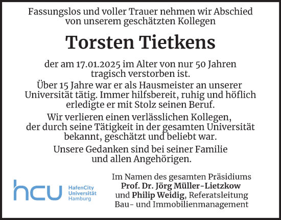 Traueranzeige von Torsten Tietkens von Hamburger Abendblatt