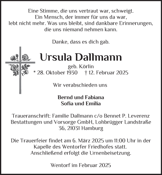 Traueranzeige von Ursula Dallmann von Hamburger Abendblatt, Bergedorfer Zeitung