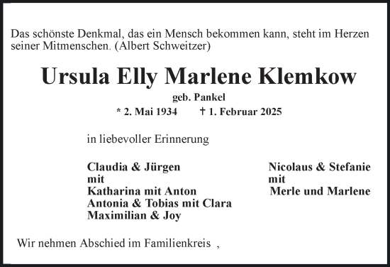Traueranzeige von Ursula Elly Marlene Klemkow von Hamburger Abendblatt