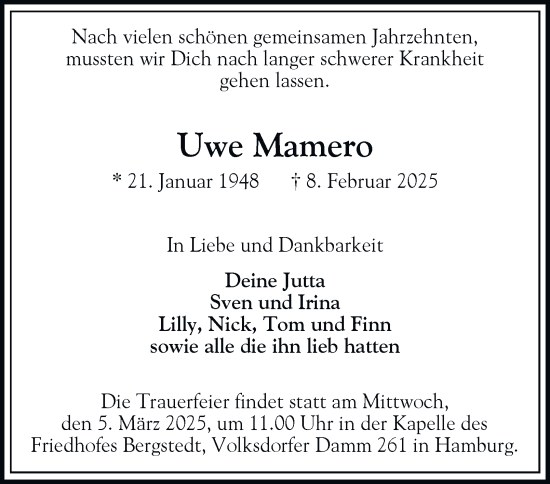 Traueranzeige von Uwe Mamero von Hamburger Abendblatt