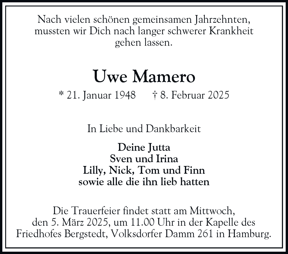  Traueranzeige für Uwe Mamero vom 22.02.2025 aus Hamburger Abendblatt