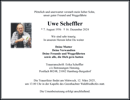 Traueranzeige von Uwe Scheffler von Bergedorfer Zeitung