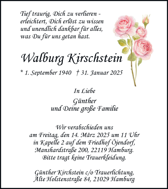 Traueranzeige von Walburg Kirschstein von Bergedorfer Zeitung