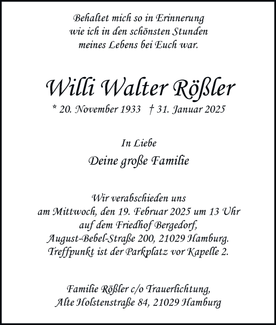 Traueranzeige von Willi Walter Rößler 