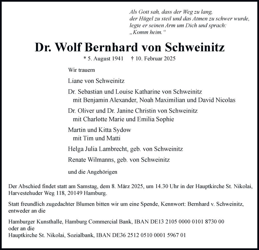  Traueranzeige für Wolf Bernhard von Schweinitz vom 22.02.2025 aus Hamburger Abendblatt