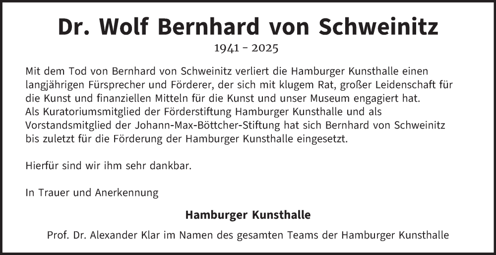  Traueranzeige für Wolf Bernhard von Schweinitz vom 22.02.2025 aus Hamburger Abendblatt