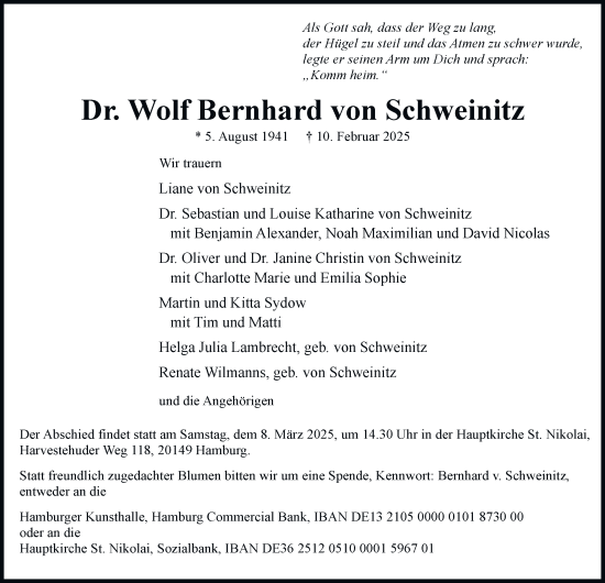 Traueranzeige von Wolf Bernhard von Schweinitz von Hamburger Abendblatt