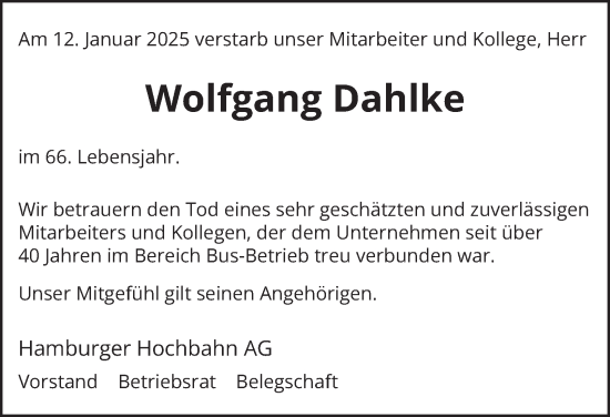 Traueranzeige von Wolfgang Dahlke von Hamburger Abendblatt