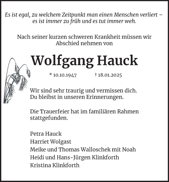 Traueranzeige von Wolfgang Hauck von Hamburger Abendblatt