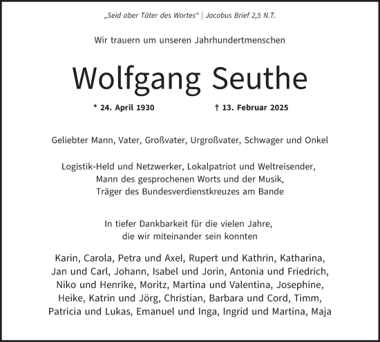 Traueranzeige von Wolfgang Seuthe von Hamburger Abendblatt