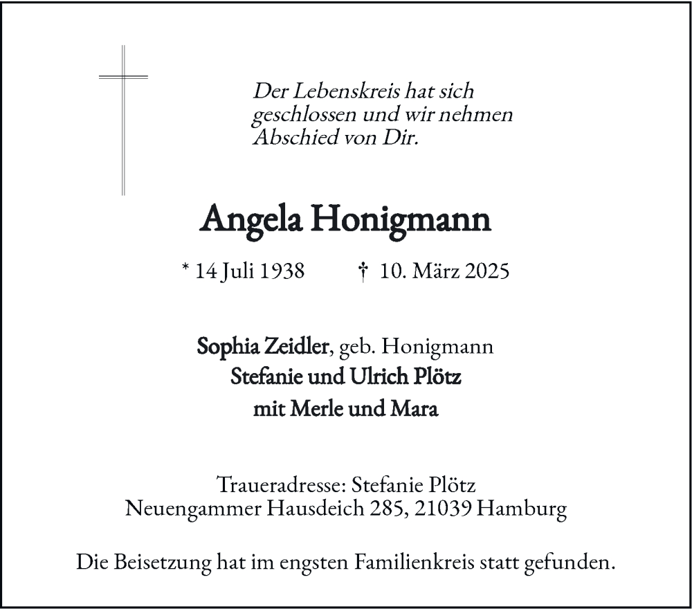  Traueranzeige für Angela Honigmann vom 22.03.2025 aus Bergedorfer Zeitung