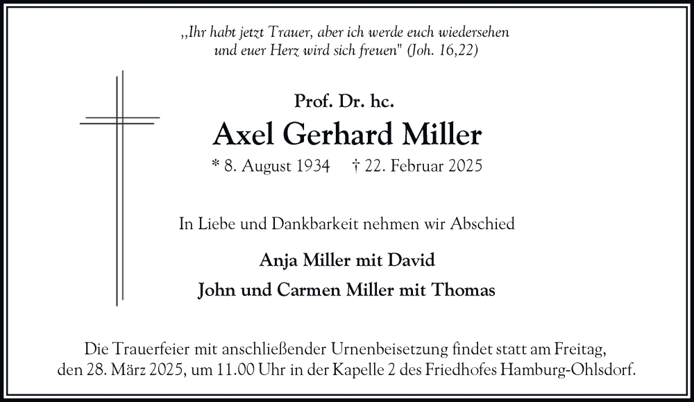  Traueranzeige für Axel Gerhard Miller vom 22.03.2025 aus Hamburger Abendblatt