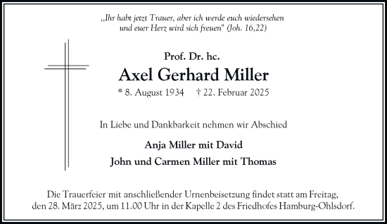 Traueranzeige von Axel Gerhard Miller von Hamburger Abendblatt