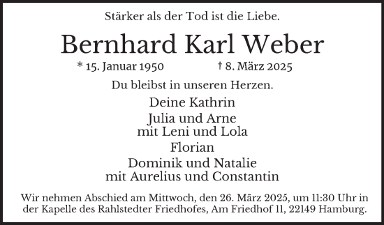 Traueranzeige von Bernhard Karl Weber von Hamburger Abendblatt