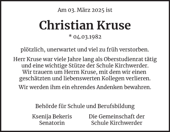 Traueranzeige von Christian Kruse von Hamburger Abendblatt