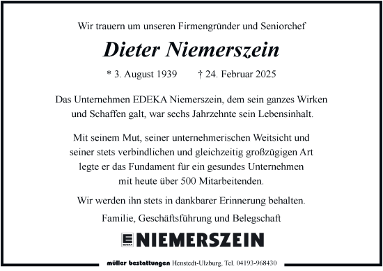 Traueranzeige von Dieter Niemerszein von Hamburger Abendblatt