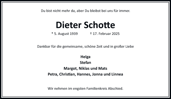 Traueranzeige von Dieter Schotte von Hamburger Abendblatt, Bergedorfer Zeitung
