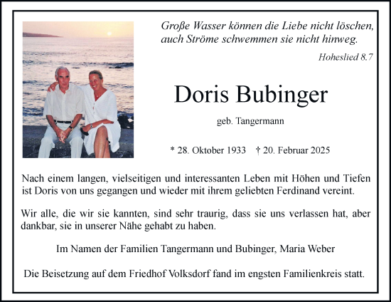 Traueranzeige von Doris Bubinger von Hamburger Abendblatt