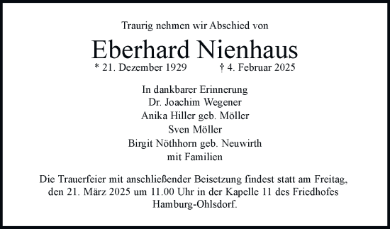 Traueranzeige von Eberhard Nienhaus von Hamburger Abendblatt