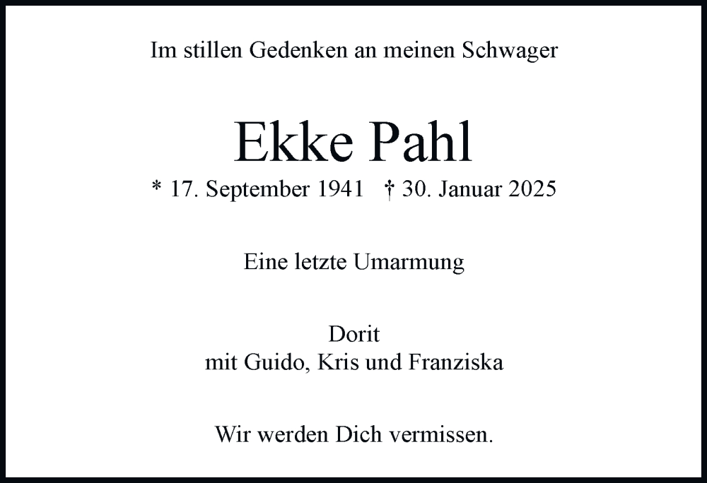  Traueranzeige für Ekke Pahl vom 15.03.2025 aus Hamburger Abendblatt