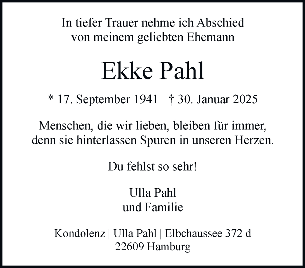  Traueranzeige für Ekke Pahl vom 15.03.2025 aus Hamburger Abendblatt