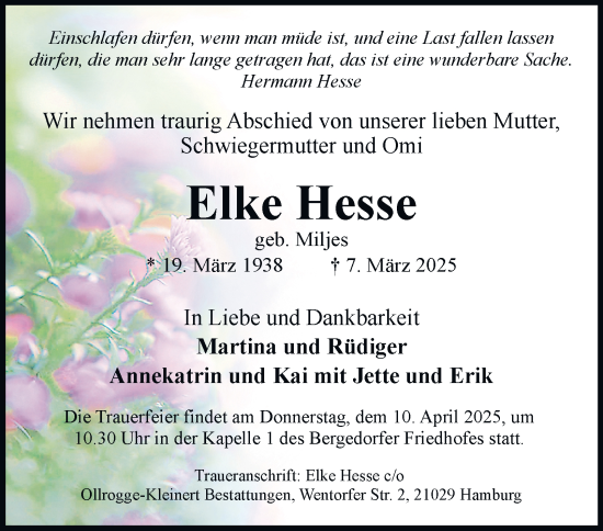 Traueranzeige von Elke Hesse von Bergedorfer Zeitung