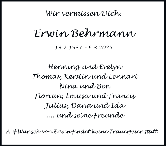 Traueranzeige von Erwin Behrmann von Hamburger Abendblatt