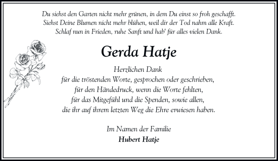 Traueranzeige von Gerda Hatje von HA Regio Norderstedt