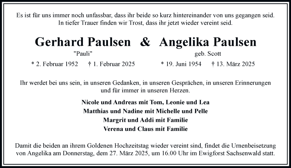  Traueranzeige für Gerhard Paulsen vom 22.03.2025 aus Bergedorfer Zeitung
