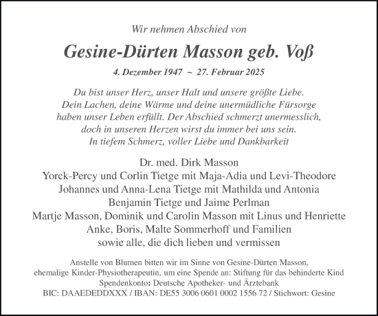 Traueranzeige von Gesine-Dürten Masson von Hamburger Abendblatt