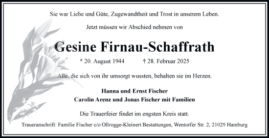 Traueranzeige von Gesine Firnau-Schaffrath von Bergedorfer Zeitung