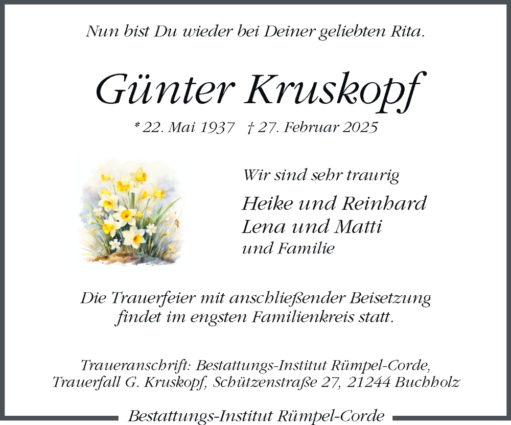  Traueranzeige für Günter Kruskopf vom 15.03.2025 aus 