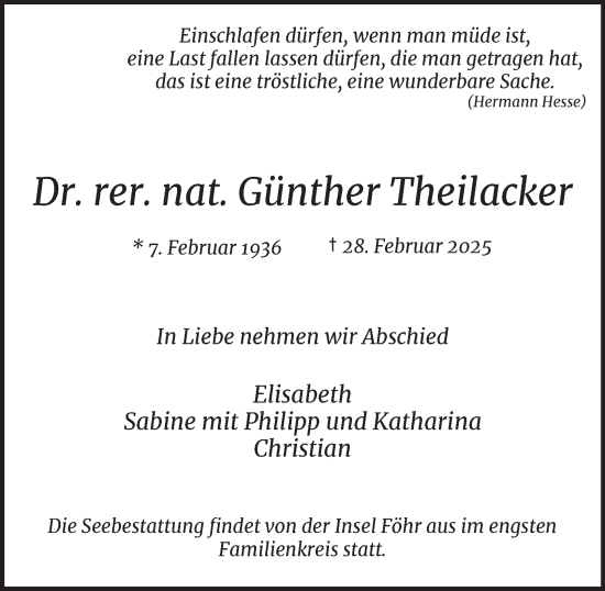 Traueranzeige von Günther Theilacker von Hamburger Abendblatt