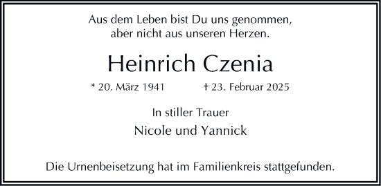 Traueranzeige von Heinrich Czenia 