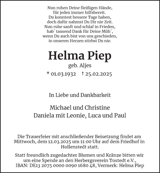 Traueranzeige von Helma Piep 