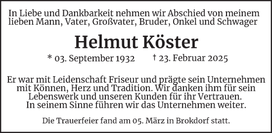 Traueranzeige von Helmut Köster von Hamburger Abendblatt