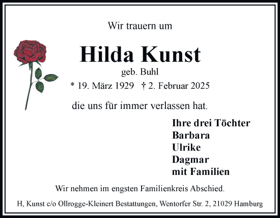 Traueranzeige von Hilda Kunst von Bergedorfer Zeitung