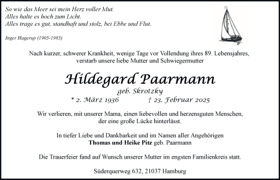 Traueranzeige von Hildegard Paarmann von Hamburger Abendblatt, Bergedorfer Zeitung