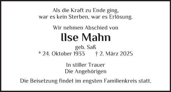 Traueranzeige von Ilse Mahn von Bergedorfer Zeitung