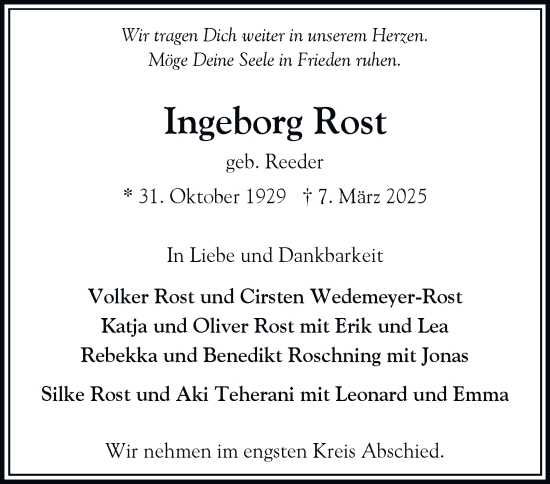 Traueranzeige von Ingeborg Rost von Hamburger Abendblatt