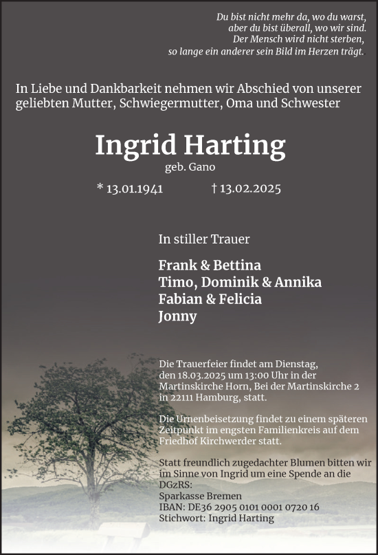Traueranzeige von Ingrid Harting 