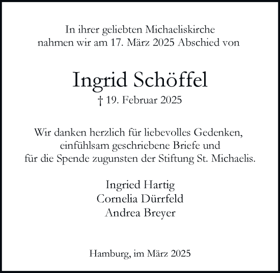 Traueranzeige von Ingrid Schöffel von Hamburger Abendblatt