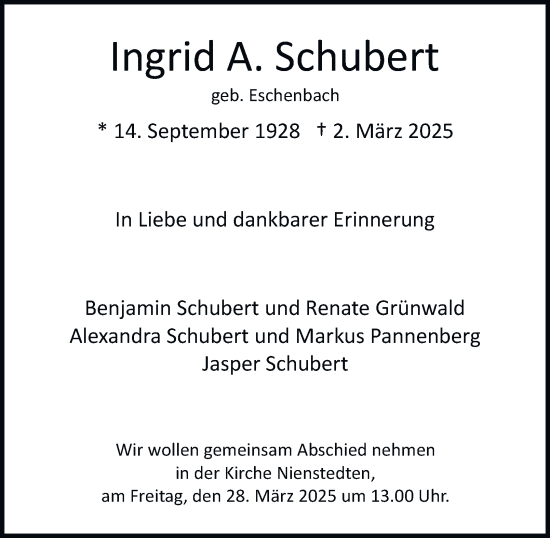Traueranzeige von Ingrid A. Schubert von Hamburger Abendblatt
