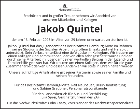 Traueranzeige von Jakob Quintel von Hamburger Abendblatt